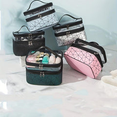 PU Rhombic Double layer Large PVC Cosmetic Storage Bag