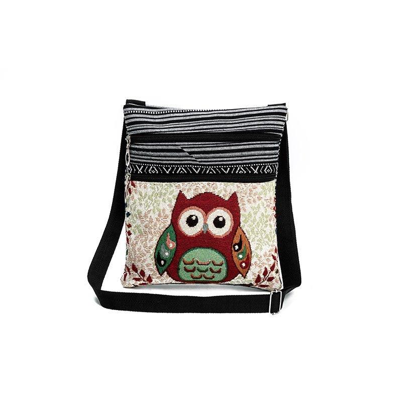Embroidered Owl Print Shoulder Bag