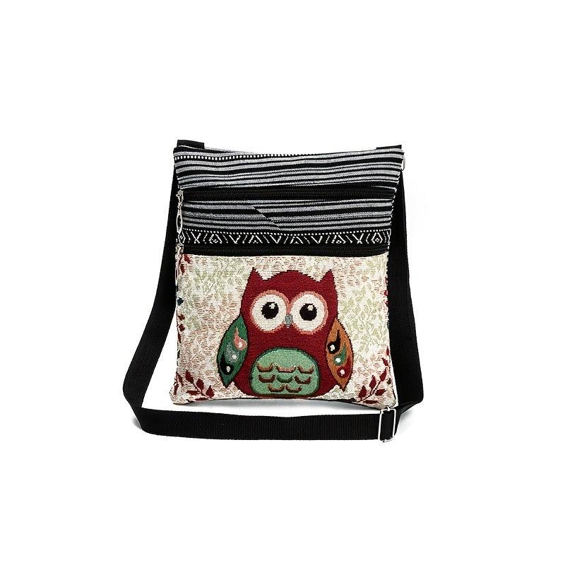 Embroidered Owl Print Shoulder Bag