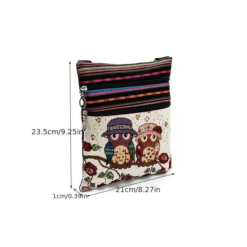 Embroidered Owl Print Shoulder Bag