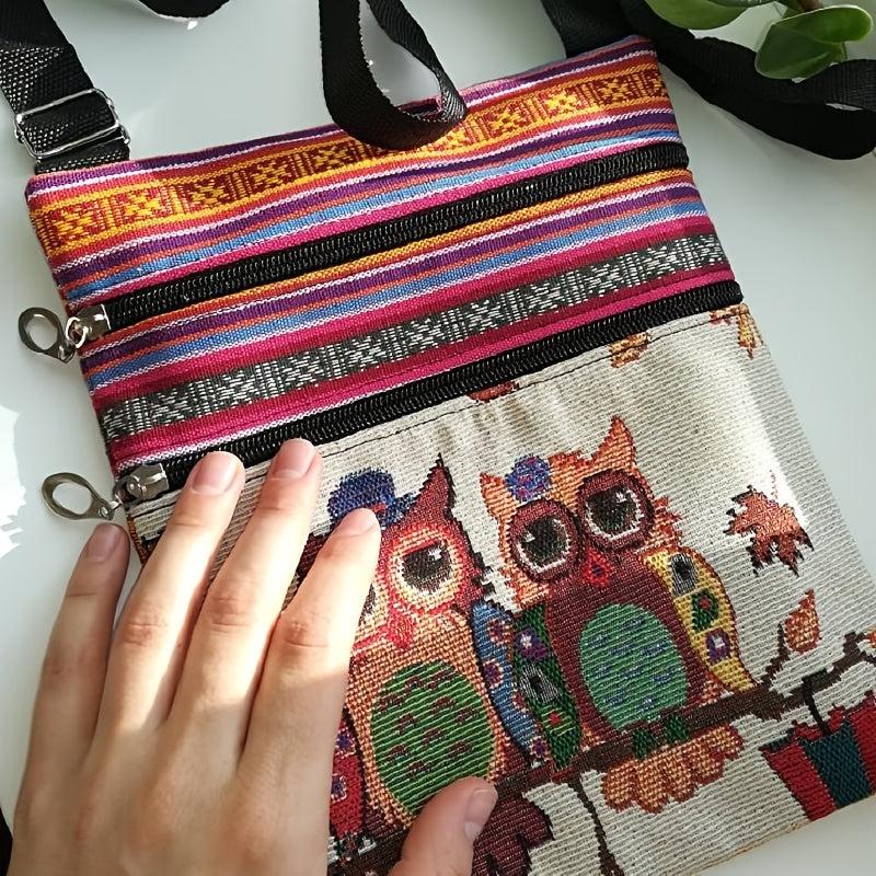 Embroidered Owl Print Shoulder Bag