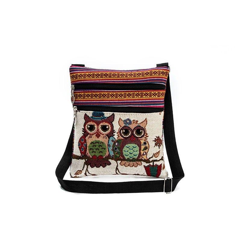 Embroidered Owl Print Shoulder Bag