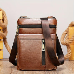 Men's Vintage Leather Messenger Bag Cowhide Crossbody Bag Cell Phone Purse