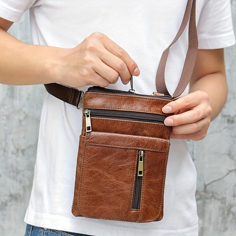 Men's Vintage Leather Messenger Bag Cowhide Crossbody Bag Cell Phone Purse