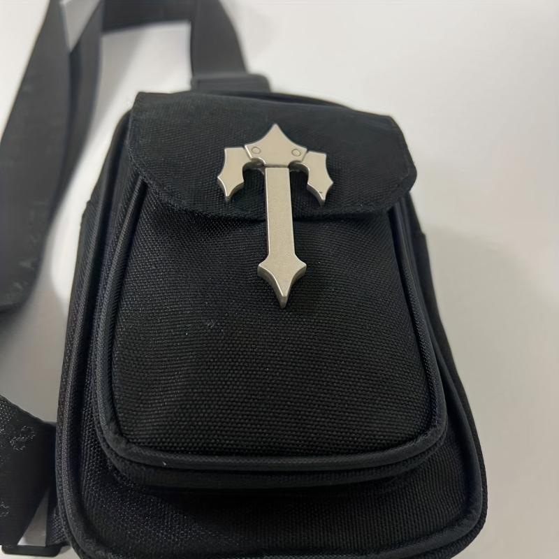Men's Crossbody Bag with Cross Decor, Phone Holder, Multifunctional Shoulder Bag