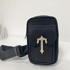 Men's Crossbody Bag with Cross Decor, Phone Holder, Multifunctional Shoulder Bag
