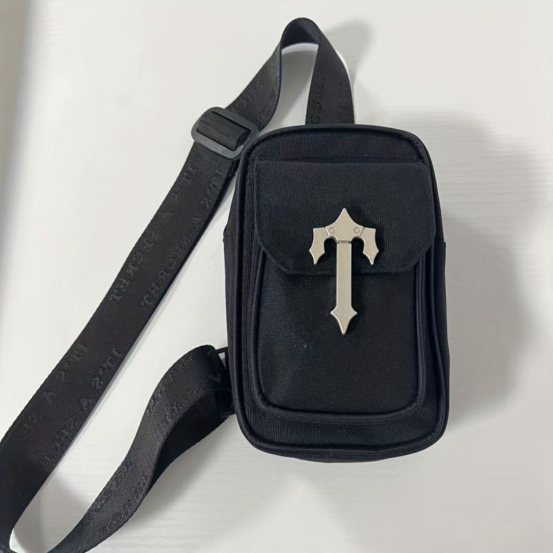 Men's Crossbody Bag with Cross Decor, Phone Holder, Multifunctional Shoulder Bag