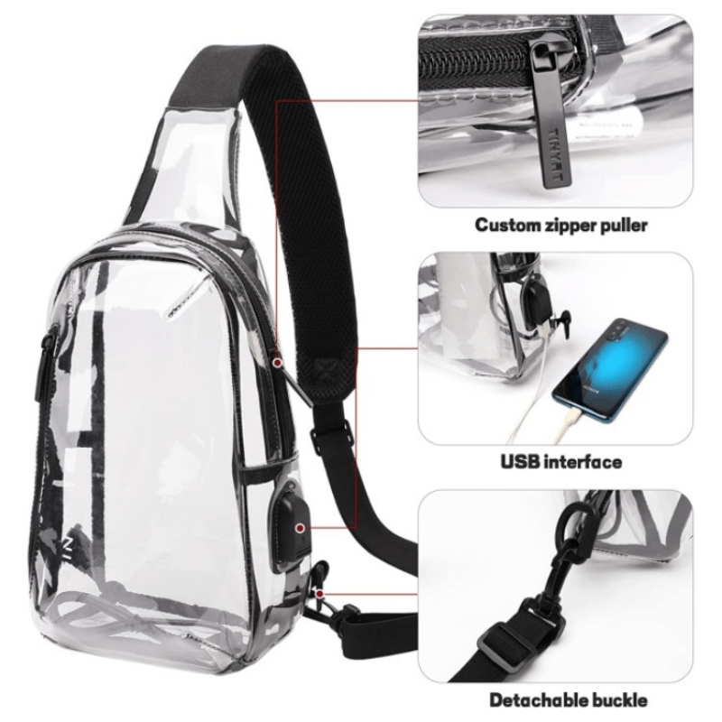 Clear Sling Bag USB Charging Stadium Approved Chest Bag Crossbody Bag