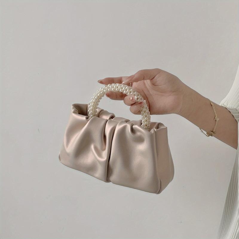 Cloud Pleated Evening Crossbody Bag Pearl Decor Dinner Clutch Purse