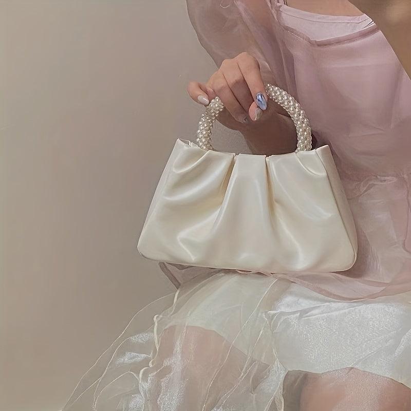 Cloud Pleated Evening Crossbody Bag Pearl Decor Dinner Clutch Purse