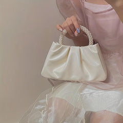 Cloud Pleated Evening Crossbody Bag Pearl Decor Dinner Clutch Purse