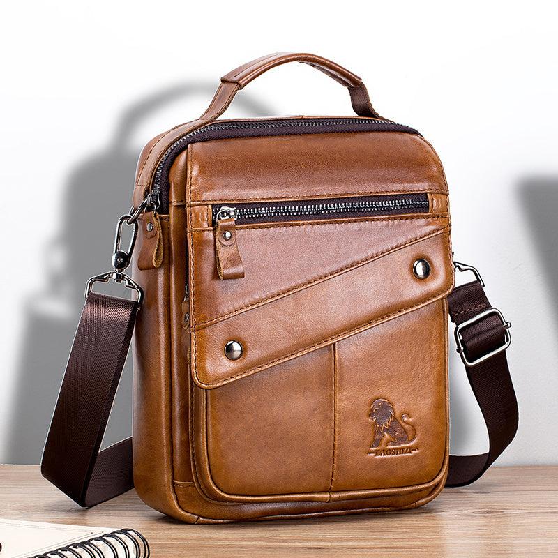 Men's Cow Leather Shoulder Bag Retro Style Large Capacity Messenger