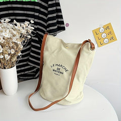 Letter Printed Canvas Crossbody Bag Large School Tote Bag