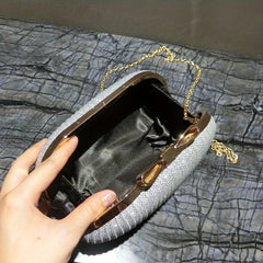 Glitter Striped Bow Decor Clutch Bag Elegent Textured Cloth Frame Bag