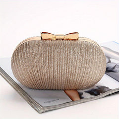 Glitter Striped Bow Decor Clutch Bag Elegent Textured Cloth Frame Bag