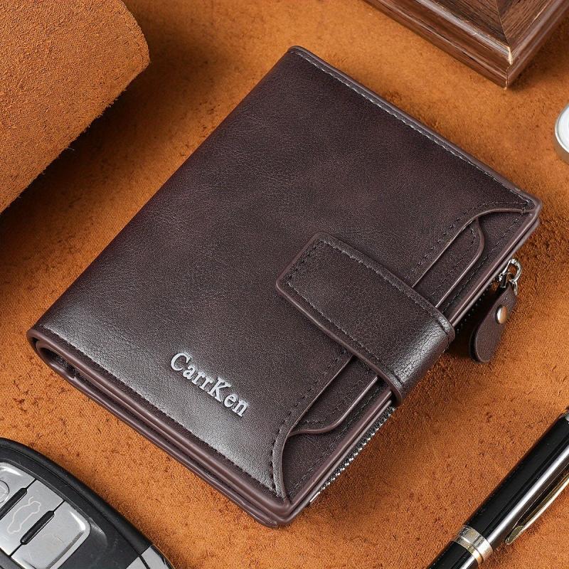 Men's Short Wallet Zipper Snap Button Wallet Card Holder Purse