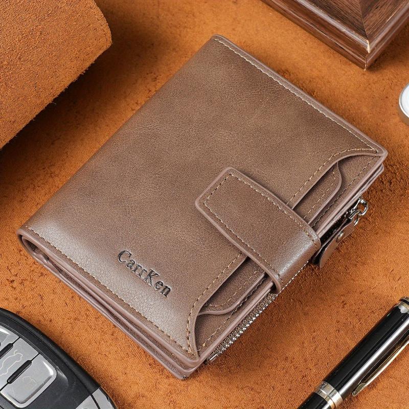 Men's Short Wallet Zipper Snap Button Wallet Card Holder Purse