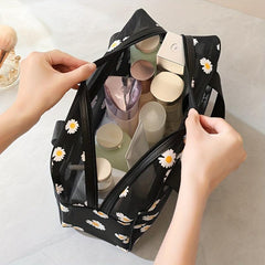 Portable Daisy Mesh Cosmetic Bag Large Capacity Travel Toiletry Bag