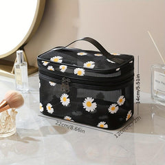 Portable Daisy Mesh Cosmetic Bag Large Capacity Travel Toiletry Bag