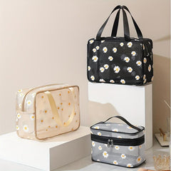 Portable Daisy Mesh Cosmetic Bag Large Capacity Travel Toiletry Bag
