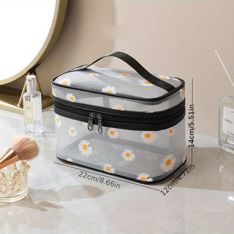 Portable Daisy Mesh Cosmetic Bag Large Capacity Travel Toiletry Bag