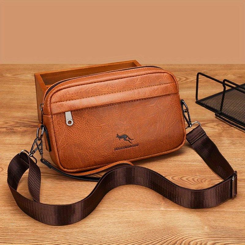 Vintage Kangaroo Pattern Leather Crossbody Bag for Men