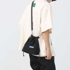 Mini Bucket Bag with Letter Patch Drawstring, Light Bunch Mouth