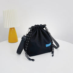 Mini Bucket Bag with Letter Patch Drawstring, Light Bunch Mouth