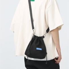 Mini Bucket Bag with Letter Patch Drawstring, Light Bunch Mouth