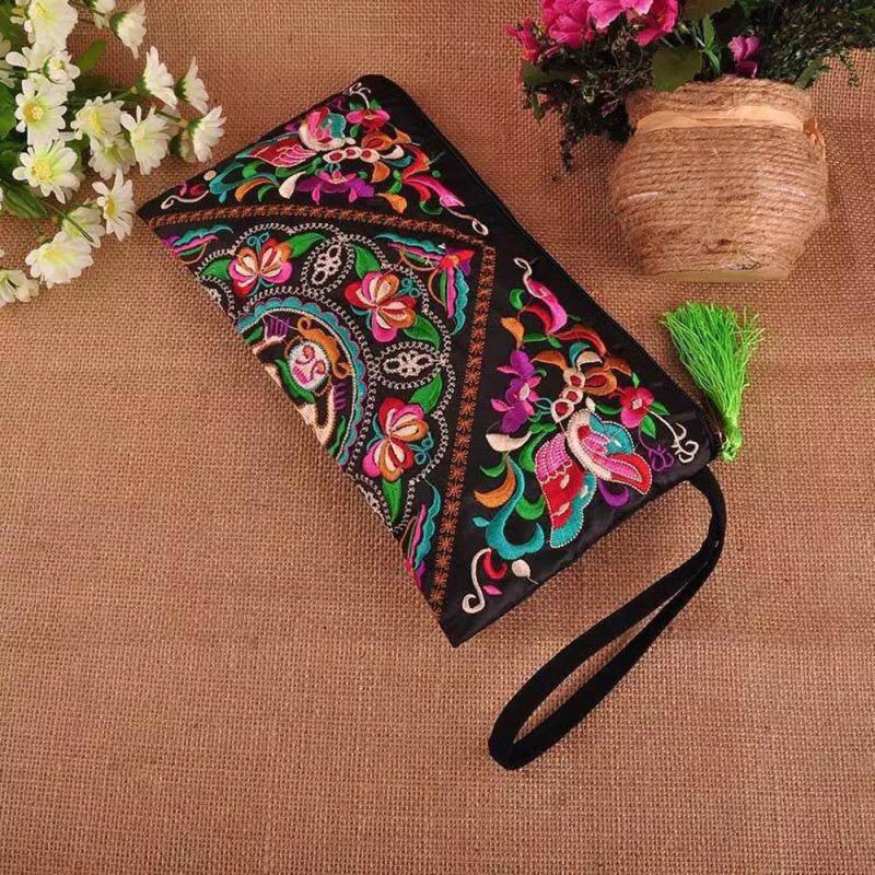 Ethnic Style Floral Embroidery Handbag With Wristlet