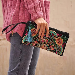 Ethnic Style Floral Embroidery Handbag With Wristlet