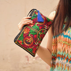 Ethnic Style Floral Embroidery Handbag With Wristlet