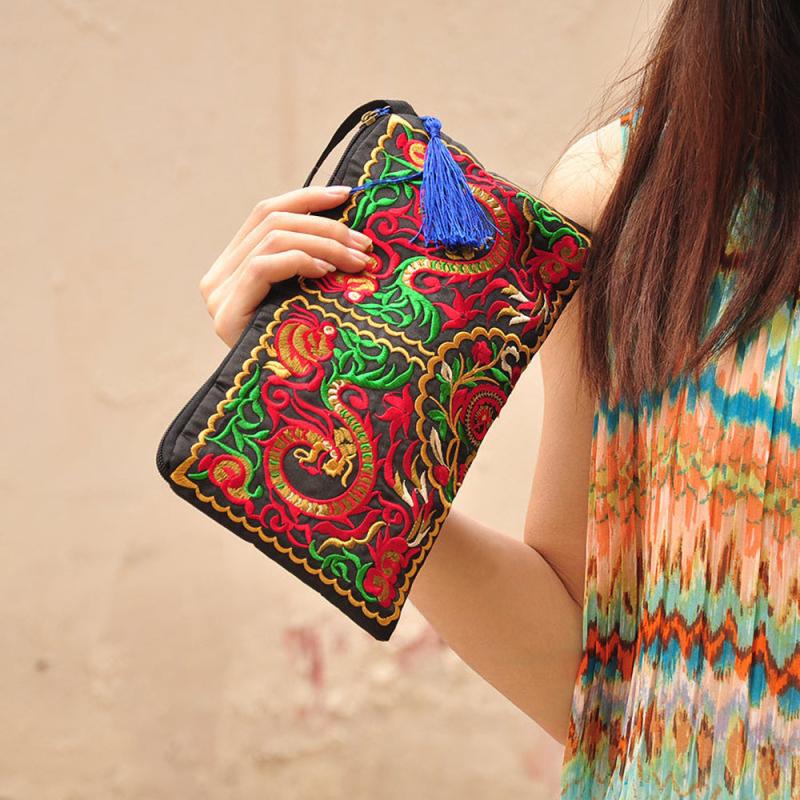 Ethnic Style Floral Embroidery Handbag With Wristlet