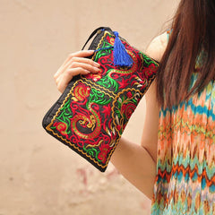Ethnic Style Floral Embroidery Handbag With Wristlet