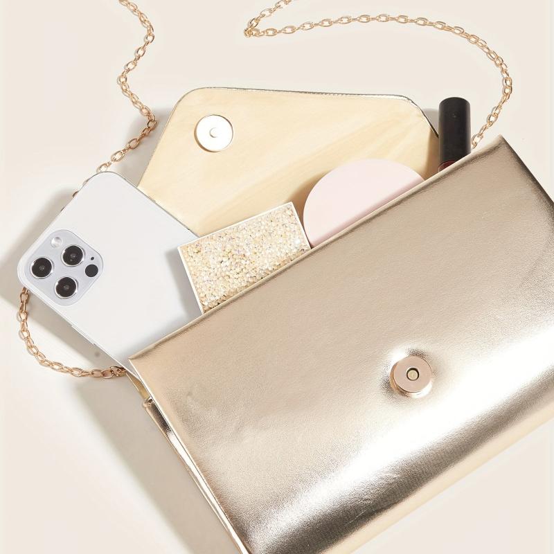 Glossy Flap Metal Chain Handbag Elegant Textured PU Leather Purse