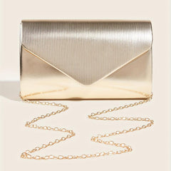 Glossy Flap Metal Chain Handbag Elegant Textured PU Leather Purse