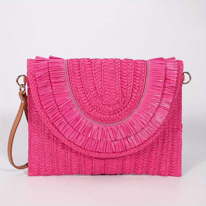 Woven Straw Clutch Bag Flap Magnet Handbag Solid Weaving Purse Wristlet