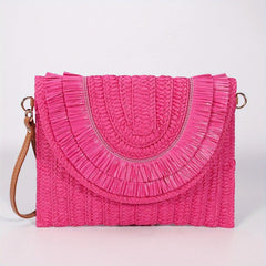 Woven Straw Clutch Bag Flap Magnet Handbag Solid Weaving Purse Wristlet