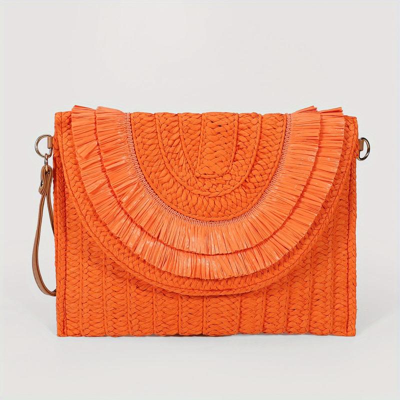 Woven Straw Clutch Bag Flap Magnet Handbag Solid Weaving Purse Wristlet
