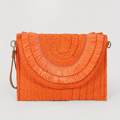 Woven Straw Clutch Bag Flap Magnet Handbag Solid Weaving Purse Wristlet