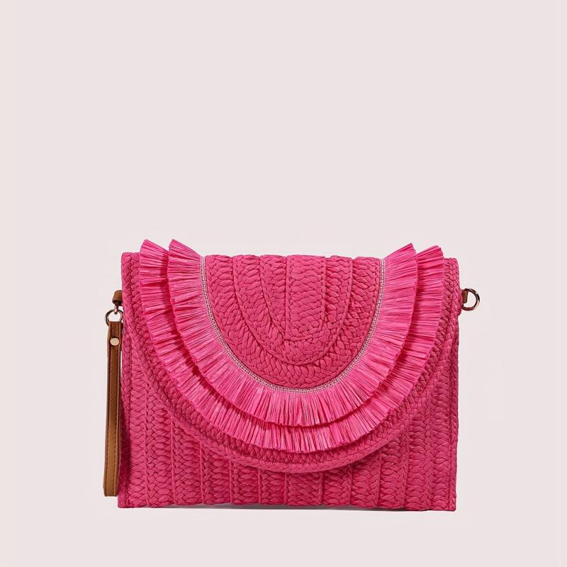 Woven Straw Clutch Bag Flap Magnet Handbag Solid Weaving Purse Wristlet