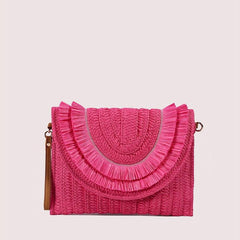 Woven Straw Clutch Bag Flap Magnet Handbag Solid Weaving Purse Wristlet