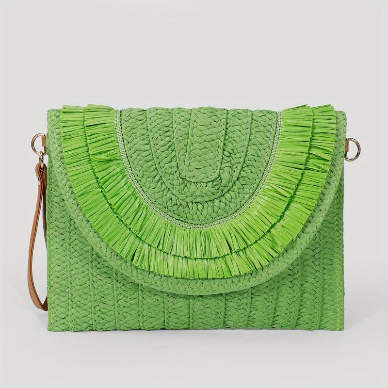 Woven Straw Clutch Bag Flap Magnet Handbag Solid Weaving Purse Wristlet
