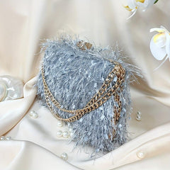 Feather Evening Bag Chain Clutch Purse Wedding Prom Party
