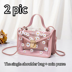 Daisy Print Clear Handbags Set PVC Crossbody Bag Women's Mini Flap Square Purse