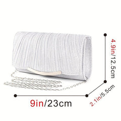 Ruched Evening Bag Metal Decor Flap Clutch Purse Glitter Handbag