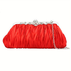 Rhinestone Ruched Clutch Purse with Chain for Party