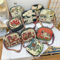 Women's Ethnic Style Canvas Crossbody Bag with Cartoon Pattern Large Capacity