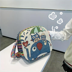 Women's Ethnic Style Canvas Crossbody Bag with Cartoon Pattern Large Capacity