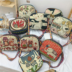 Women's Ethnic Style Canvas Crossbody Bag with Cartoon Pattern Large Capacity